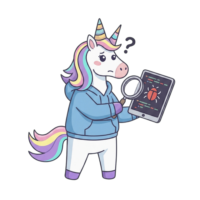 A confused unicorn in a blue hoodie using a magnifying glass to inspect a bug on a tablet